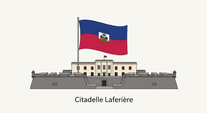 Vector illustration of the Citadelle Laferri&egrave;re, a historic fortress in Haiti, with the national flag flying above.