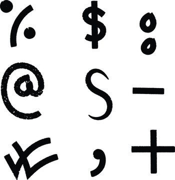 Collection of hand drawn symbols and punctuation marks on white background
