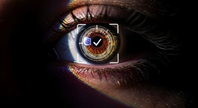 Futuristic retina scan for secure access with rainbow light, showcasing identity verification and biometric authentication in a modern, high tech world - Powered by Adobe