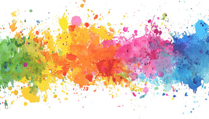 Colorful splashes of watercolor paint form an abstract design. Abstract art of colorful paint splatters on a white background. Rainbow paint splatter banner, white background, design