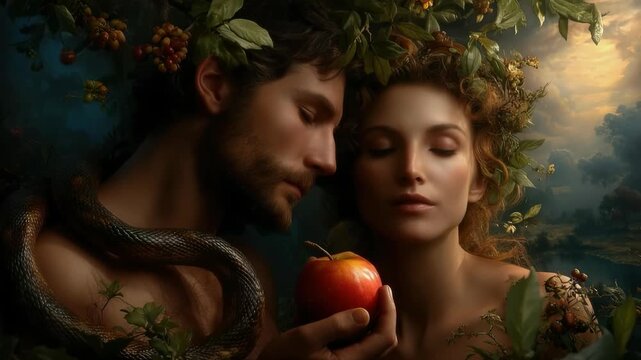 Eden moment: Adam temptation, Eve disobedience, serpent whisper, fruit grasp, garden exile, divine wrath, moral test, fig cover, sacred symbol, ancient lore, faith journey, holy command