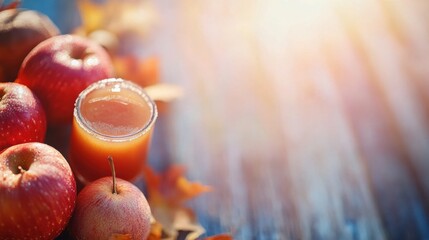 Fototapeta premium Fresh apple juice with ripe apples and autumn leaves on a wooden table