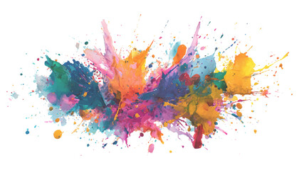 Colorful splashes of watercolor paint form an abstract design. Abstract art of colorful paint splatters on a white background. Rainbow paint splatter banner, white background, design