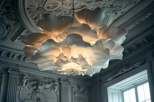 Warm light emanating from a stylish flower shaped chandelier, enhancing the beauty of an ornate ceiling in a luxurious interior - Powered by Adobe