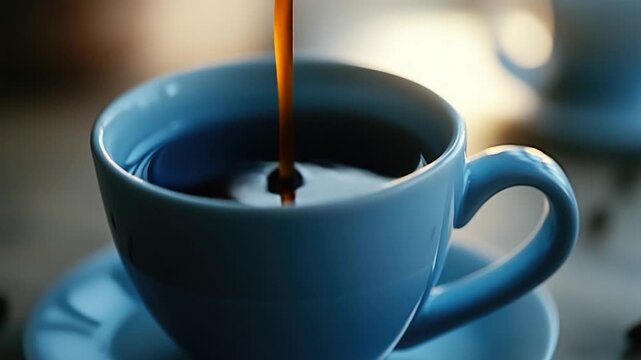 A blue cup and saucer setting on a table, perfect for everyday use or as a decorative piece