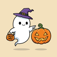 Cute Halloween Ghost With Witch Hat And Pumpkin Trick Or Treat