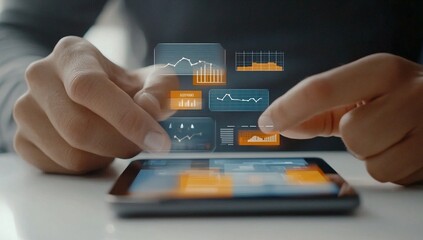 Hands interacting with holographic financial charts on a mobile device business technology
