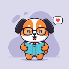 Cute cartoon dog reading book mascot illustration