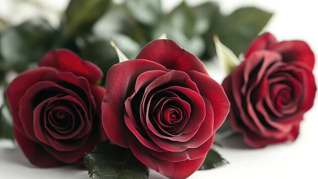 A bouquet of three red roses with green leaves on a white surface