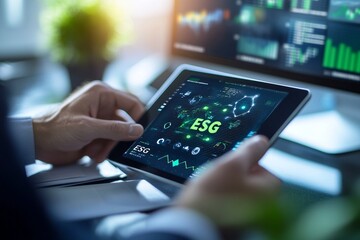 Man's hands holding tablet displaying E S G data with charts and graphs on computer screen in background