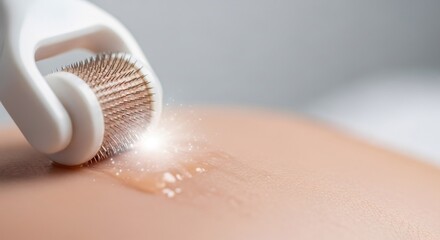 Microneedling dermaroller tool on human skin. Cosmetic procedure for skin rejuvenation and beauty treatment. Skincare concept with glow effect.