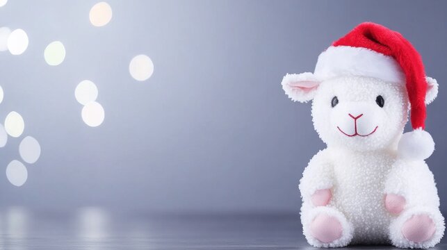 Festive plush sheep wearing Santa hat on a soft background - Powered by Adobe