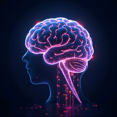 AI brain circuit glowing in neon hologram