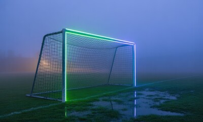 Soccer goal glows neon green/blue amidst fog on a field. Reflections shimmer in puddles