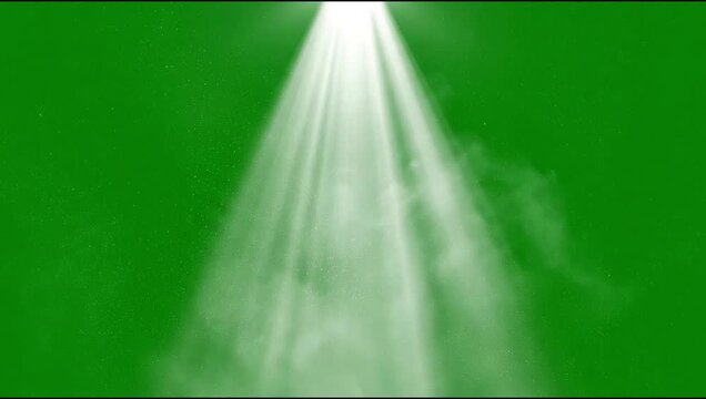 Realistic Stage Spotlight Animation with Volumetric Light Rays and Drifting Smoke with Dust Particles on a Green Screen Background. 4K VFX Element for Theatrical Performances and Award Shows