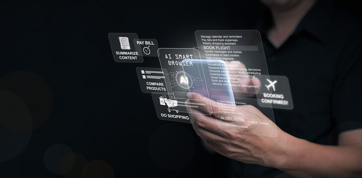 AI smart browser interface showing artificial intelligence making decisions and booking flights automatically for users, managing digital tasks through a smartphone with advanced automation.