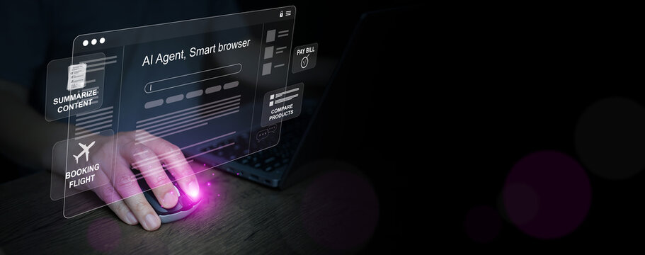 AI agent smart browser interface, showing hand using computer mouse to access digital tasks like booking flight, comparing products, and paying bills with artificial intelligence.