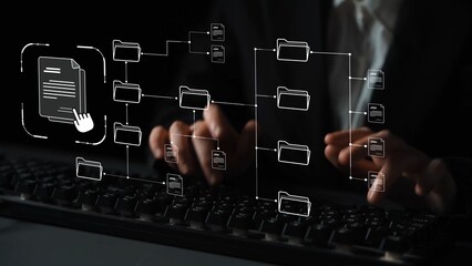 Digital file structure showing folder organization, file hierarchy, and document arrangement. File...