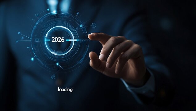 Businessman finger touches futuristic loading bar with year 2026 and text loading hand touching