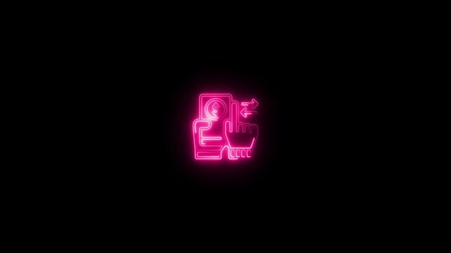 Glowing neon document hand icon animation showing digital interaction, technology communication, online service, data access, and futuristic user interface design concept black background 4k video .