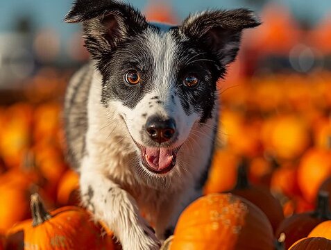 Happy dog runs through pumpkin patch enjoying the autumn sun with vibrant colors