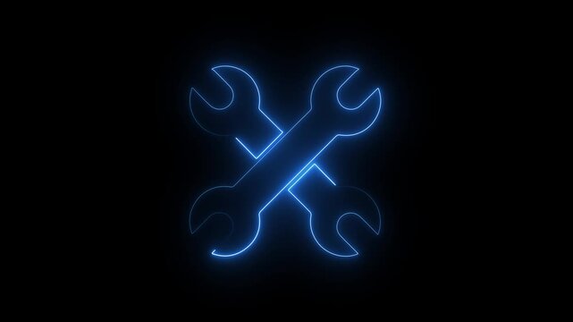 Glowing Blue Neon Crossed Wrenches Icon on Dark Background, Tools Repair and Maintenance Symbol.