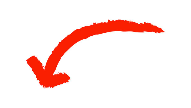 Hand drawn red arrow pointing downwards isolated on transparent background, indicating decline, direction, or reduction with a textured, artistic style