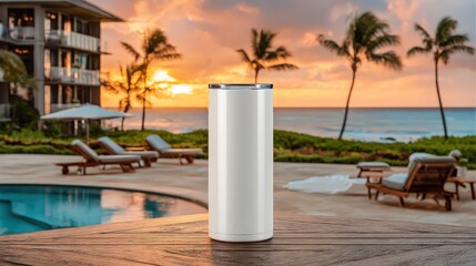 Fototapeta premium White tumbler stands on a wooden table by a pool at sunset.