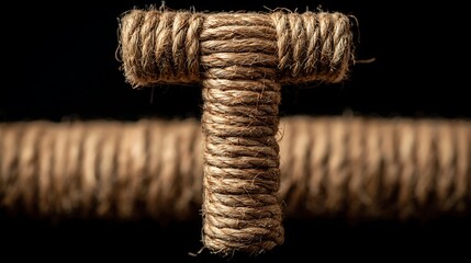 A letter t formed from tightly wound brown rope on black backdrop