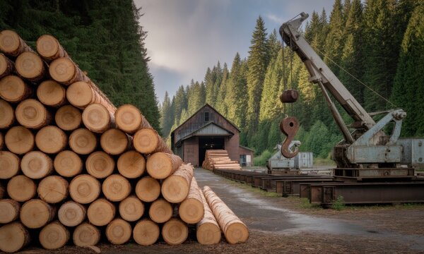 Stacked logs, crane, and rustic wooden shed in a forest