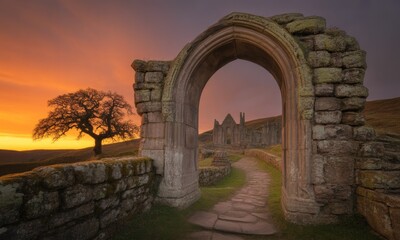 Sunrise through ancient archway, ruins