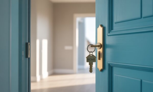 Teal door ajar, keys inside, home interior view
