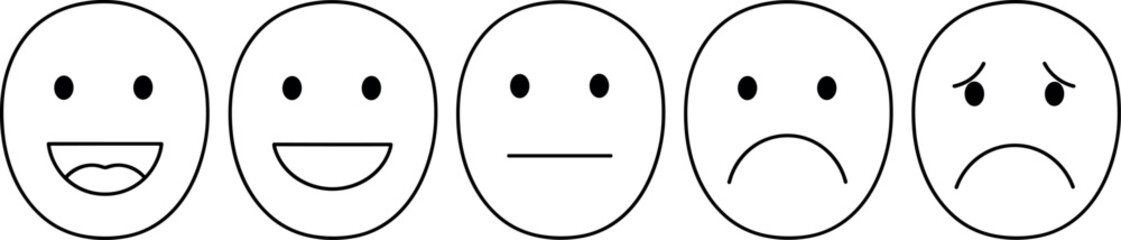 Fototapeta premium Five circular faces displaying different emotions from happy to sad, representing a mood scale or feedback system