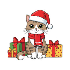 Cute Christmas Cat with Santa Hat and Presents Illustration