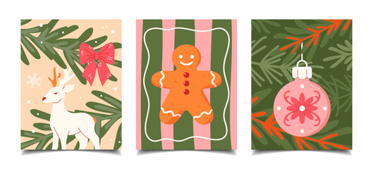 Vintage-style hand draw Christmas card set. Template for cute New Year's greeting cards