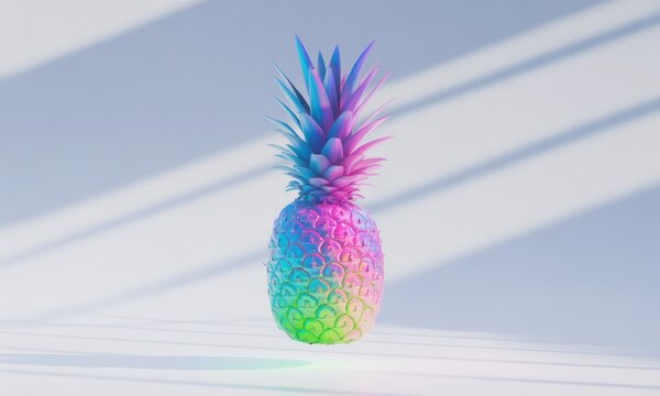 Vibrant, multicolored pineapple, illuminated by soft light, floats in the air against a light-gray background with subtle shadows