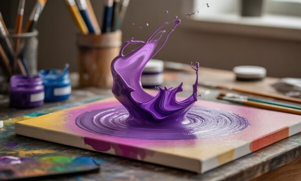 Vibrant purple paint splash on canvas, surrounded by art supplies