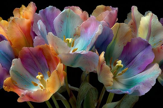 Vibrant bouquet of colorful tulips with artistic rendering showcasing blended petals and detailed stamen on a muted background