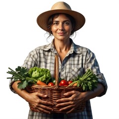 Portrait of Woman in Straw Hat and Plaid Shirt Holding Fresh Harvest Basket