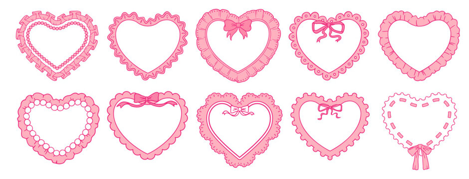 Valentine pink border and frame collection. Ornate heart-shaped lace templates, romantic vintage for wedding cards, love invitations and feminine decorations