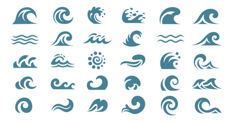 Collection Of Abstract Sea Waves Simple Vector Icon Ocean Water Graphic Illustration Nautical Marine Symbol Aquatic Swirl Decoration Element