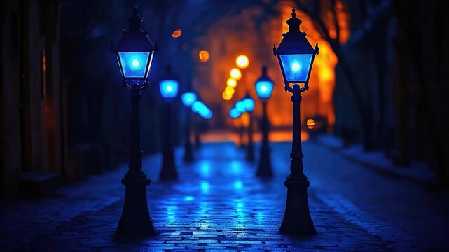 Row of streetlights on a brick sidewalk, perfect for urban or cityscape scenes