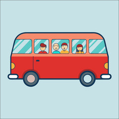 School Bus with Happy Kids  Flat Vector Illustration