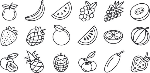 Outline fruit icon set featuring bananas, strawberries, pineapples, melons, grapes, oranges, and kiwi. Simple black line drawings ideal for  books, packaging, or healthy food designs. Modern a