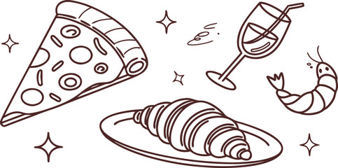Black and white line art illustration featuring a pizza slice, croissant on a plate, shrimp, and a glass of wine. Sparkle accents surround the food for a whimsical touch. Perfect for menus, icons