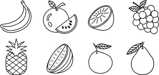 Black and white outline illustration of assorted fruits arranged in two rows. Includes banana, apple, kiwi, grapes, pineapple, watermelon, orange, and pear. Perfect for  pages, icons, or fruit