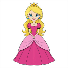 Cute Princess with Pink Dress and Pony  Cartoon Fairy Tale Character Illustration