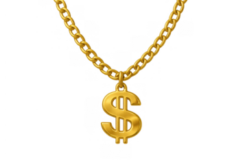 Gold chain with dollar sign pendant representing wealth, luxury, financial success, and hip hop fashion