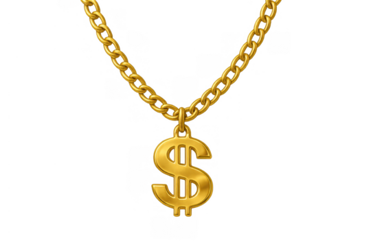 Gold chain with dollar sign pendant representing wealth, luxury, financial success, and hip hop fashion