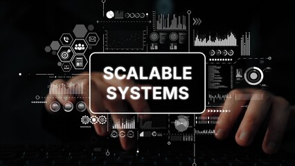 Hands Typing on Keyboard with Scalable Systems Concept Showcasing Data and Technology Development in Digital Workspace. Asymptotic smart data analytic.